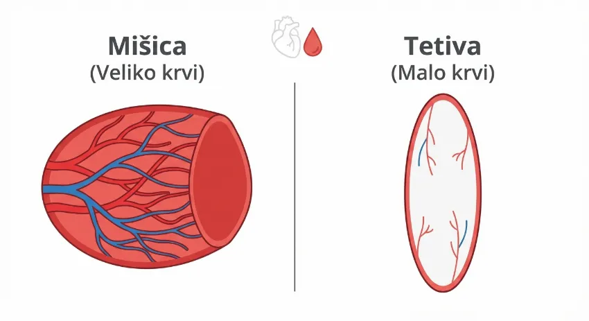 Grafični prikaz prekrvavitve mišic v primerjavi s tetivami