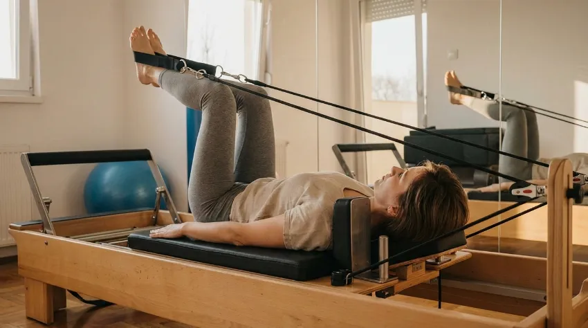 Ženska na pilates reformerju izvaja kontrolirano ekscentrično vajo s trakovi za noge za krepitev in oblikovanje dolgih ter vretenastih mišic.