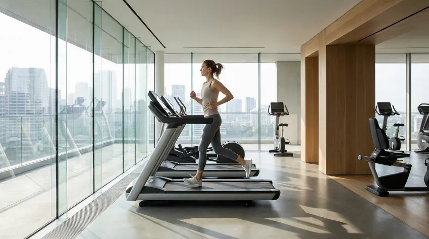Ženska teče na tekočem traku v modernem fitnesu