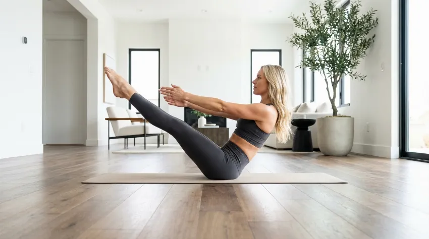 Izvedba napredne pilates vaje teaser na tleh