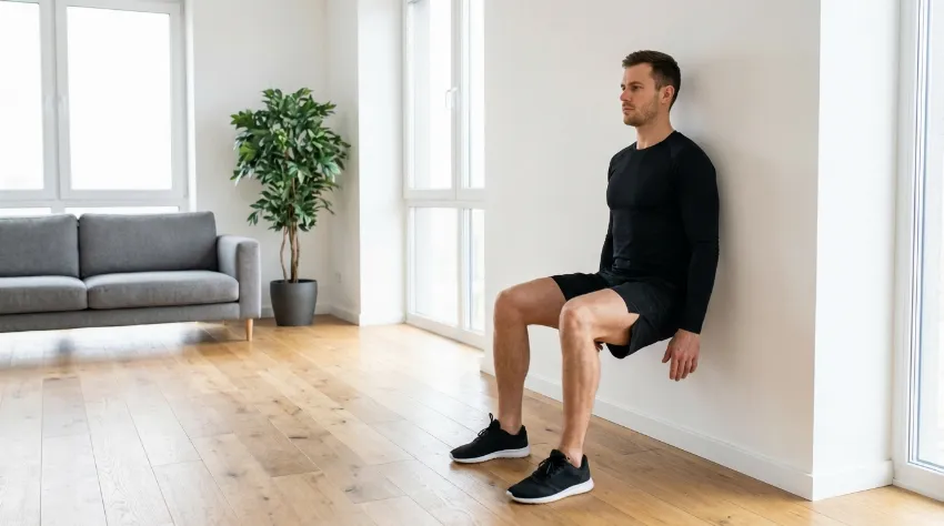 Moški izvaja vajo wall sit za krepitev stegen