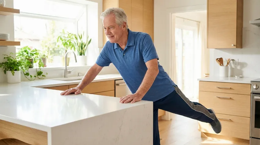 Starejši moški izvaja vajo za kolke ob kuhinjskem pultu
