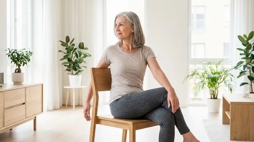 Starejša ženska izvaja zasuk hrbtenice na stolu