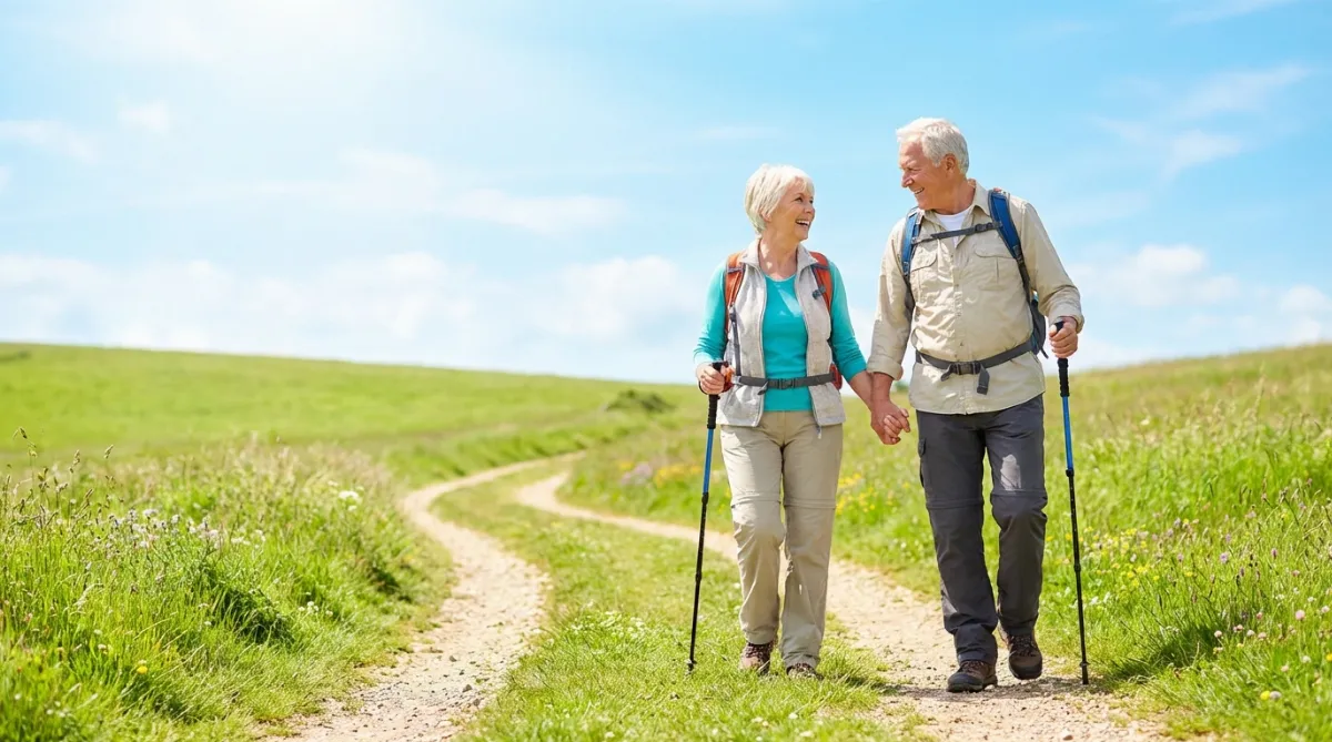 Starejši par med aktivnim sprehodom v naravi