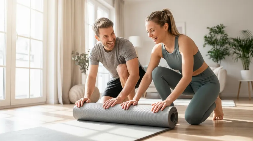 Par pospravlja pilates blazino po vadbi doma