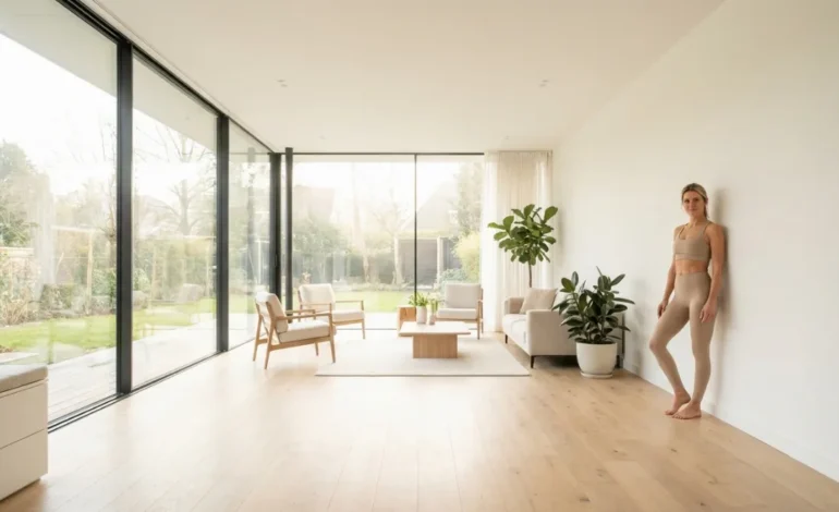 Ženska v športnih oblačilih stoji ob steni v svetli dnevni sobi