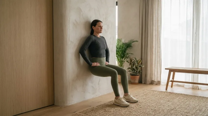 Ženska izvaja wall pilates vajo (sed ob steni) za izboljšanje telesne drže, propriocepcije in stabilnosti hrbtenice.