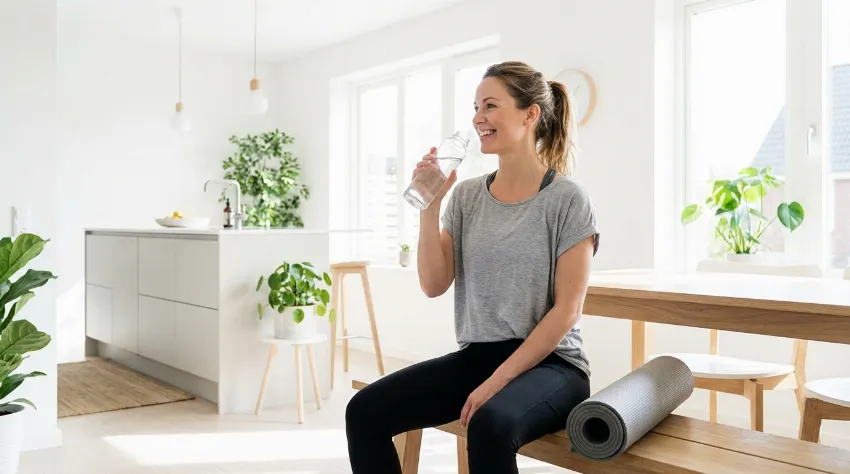 Zadovoljna ženska pije vodo po uspešni vadbi