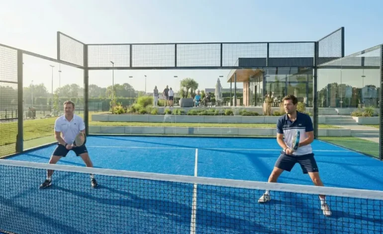 Igralca igrata padel na modernem zunanjem igrišču s steklenimi stenami.