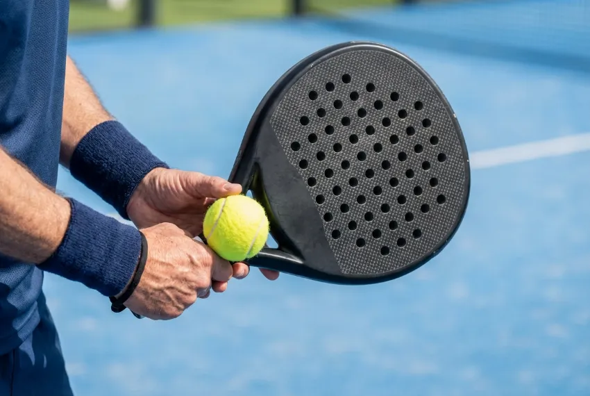Detajl roke, ki drži specifičen padel lopar brez strun in rumeno žogico.