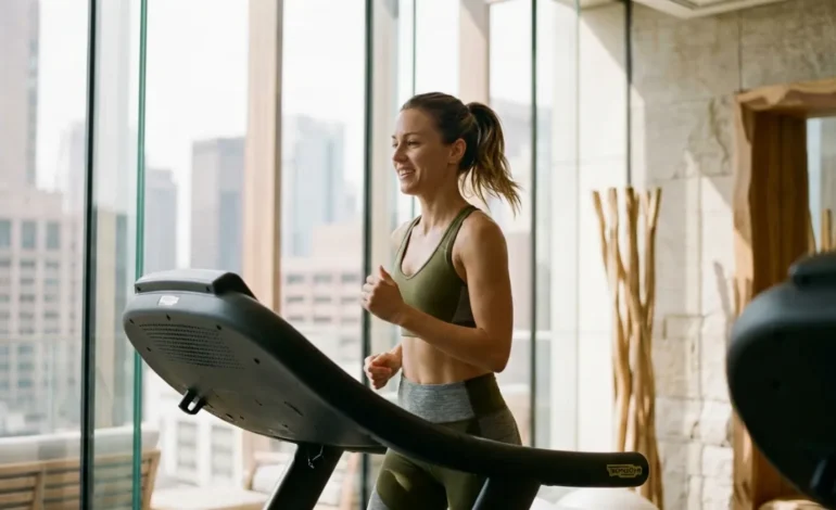 Ženska teče na tekalni stezi v modernem fitnesu z velikimi okni.