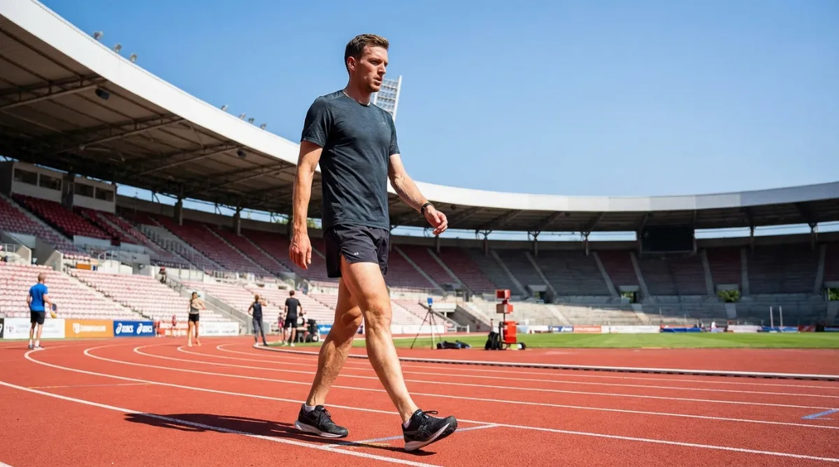 Športnik hodi vzvratno po atletski stezi na sončen dan.