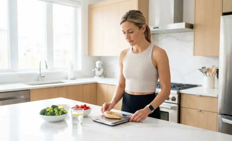 Ženska tehta piščančja prsa na kuhinjski tehtnici za pripravo zdravega obroka