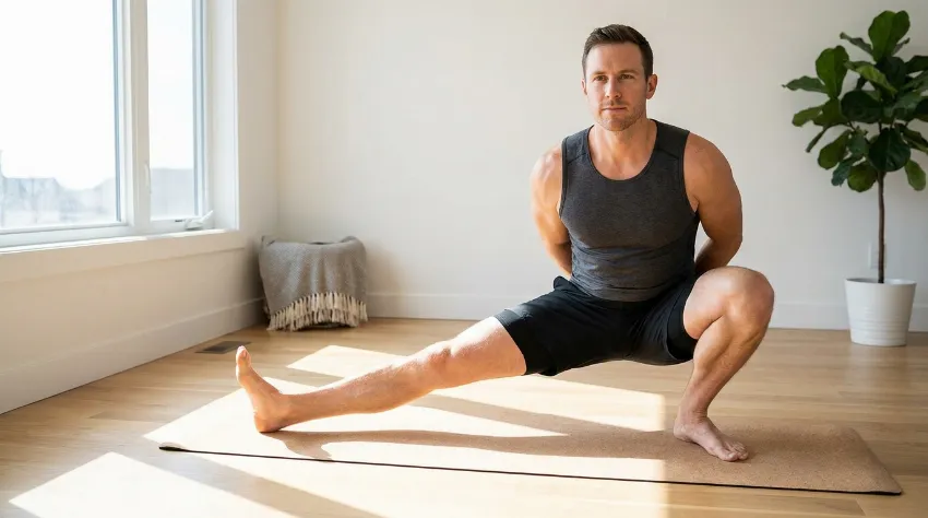 Moški izvaja globok Kozakov počep na plutovinasti podlogi v svetli dnevni sobi.