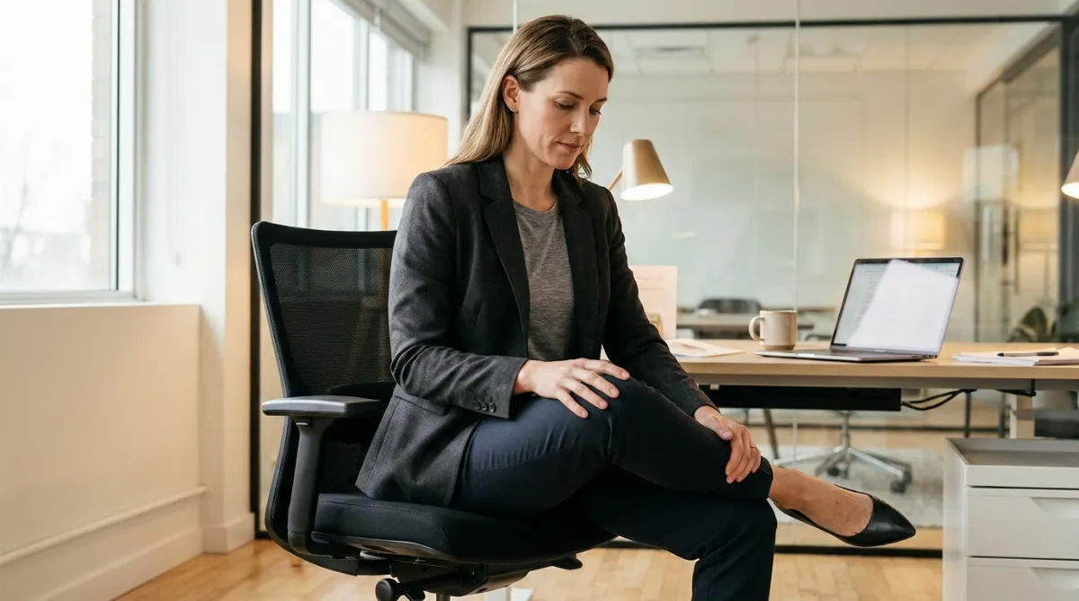 Poslovna ženska v moderni pisarni izvaja razteg kolkov v sedečem položaju.