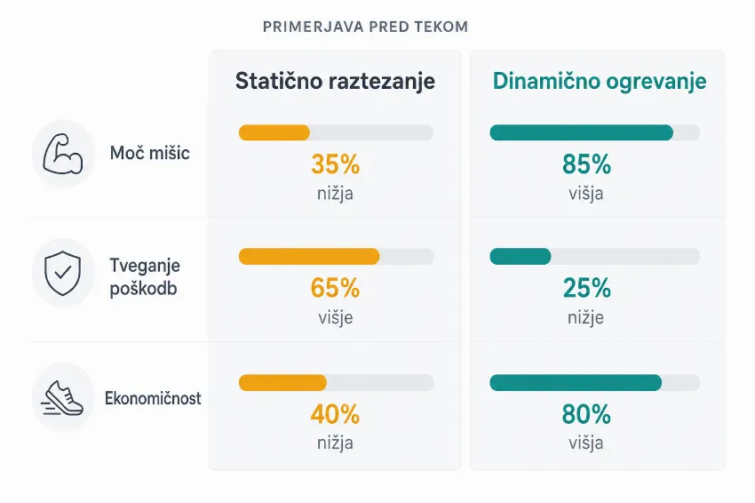 Infografika, ki primerja statično raztezanje in dinamično ogrevanje pred tekom.