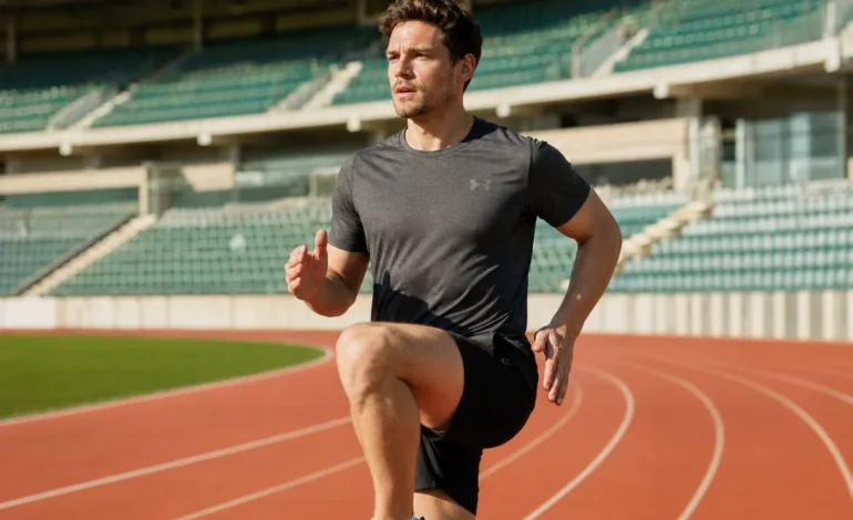 Tekač na atletski stezi izvaja dinamično ogrevanje z visokim skipom.