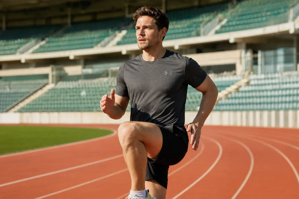 Tekač na atletski stezi izvaja dinamično ogrevanje z visokim skipom.