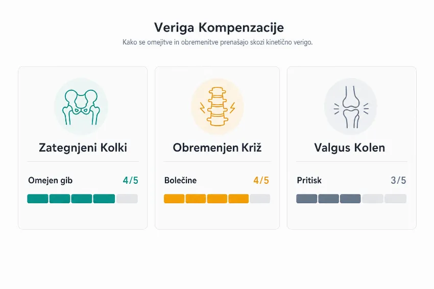 Infografika, ki prikazuje verigo kompenzacij od zategnjenih kolkov do bolečin v križu in kolenih