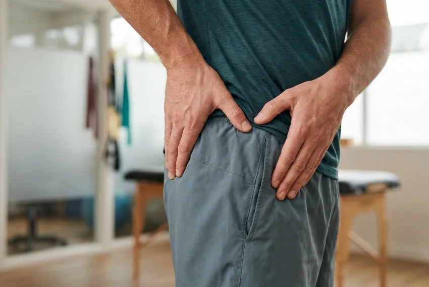 Bližnji posnetek moških rok na medenici, ki tipajo zategnjenost v predelu kolkov.