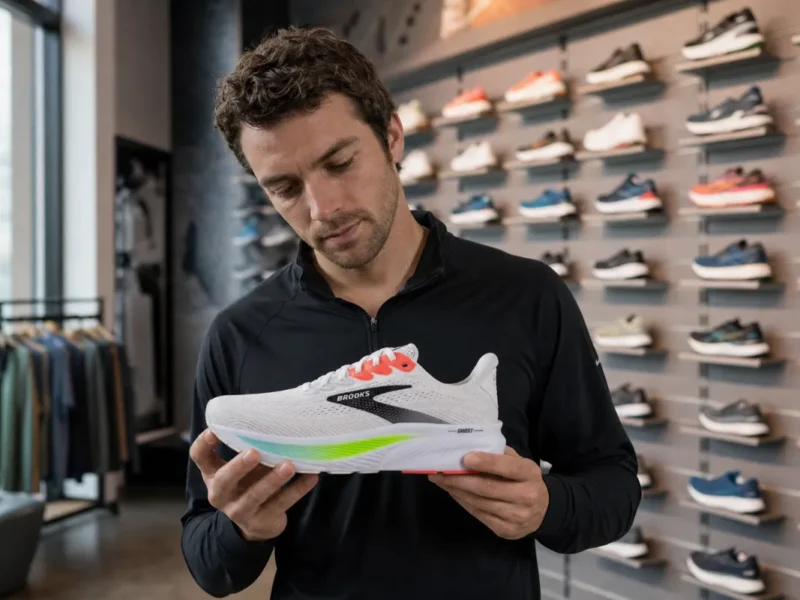 Moški v športni trgovini izbira tekaške superge in pregleduje model Brooks Ghost.