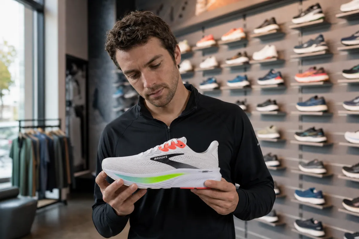 Moški v športni trgovini izbira tekaške superge in pregleduje model Brooks Ghost.