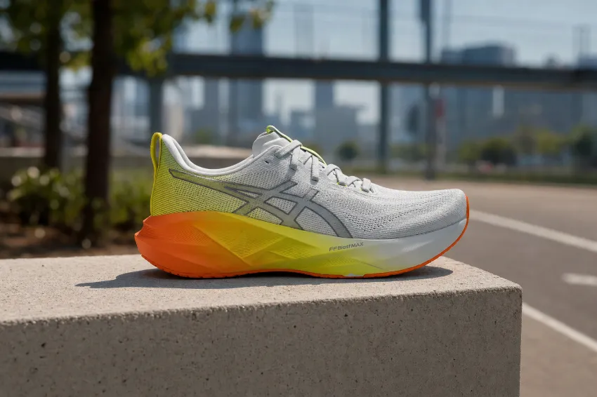 Tekaška superga Asics Novablast 5 stoji na betonskem bloku v urbanem okolju.