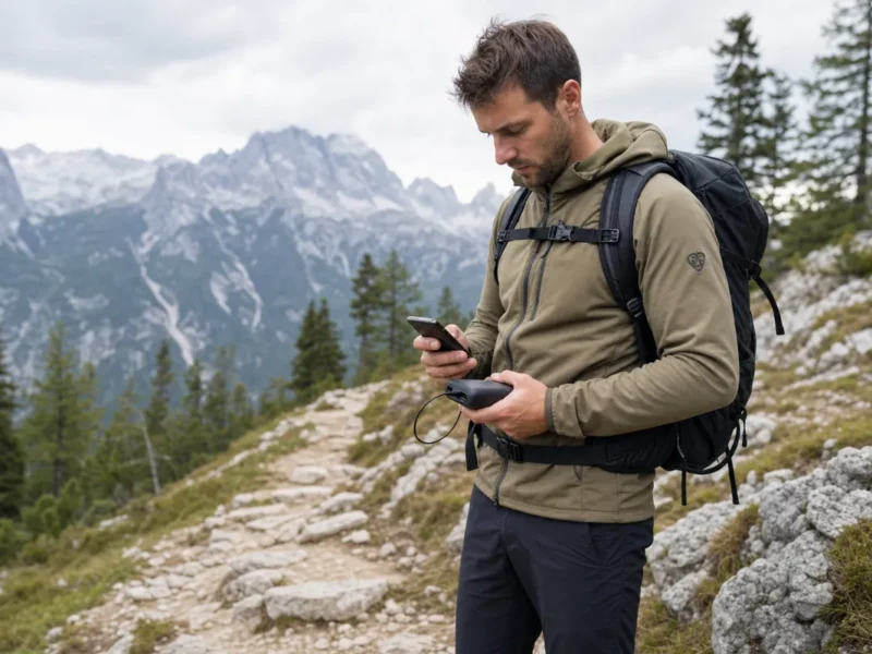 Pohodnik z modernim 30-litrskim nahrbtnikom in obutvijo preverja GPS aplikacijo na telefonu, ki je povezan na prenosno baterijo na gorski poti.