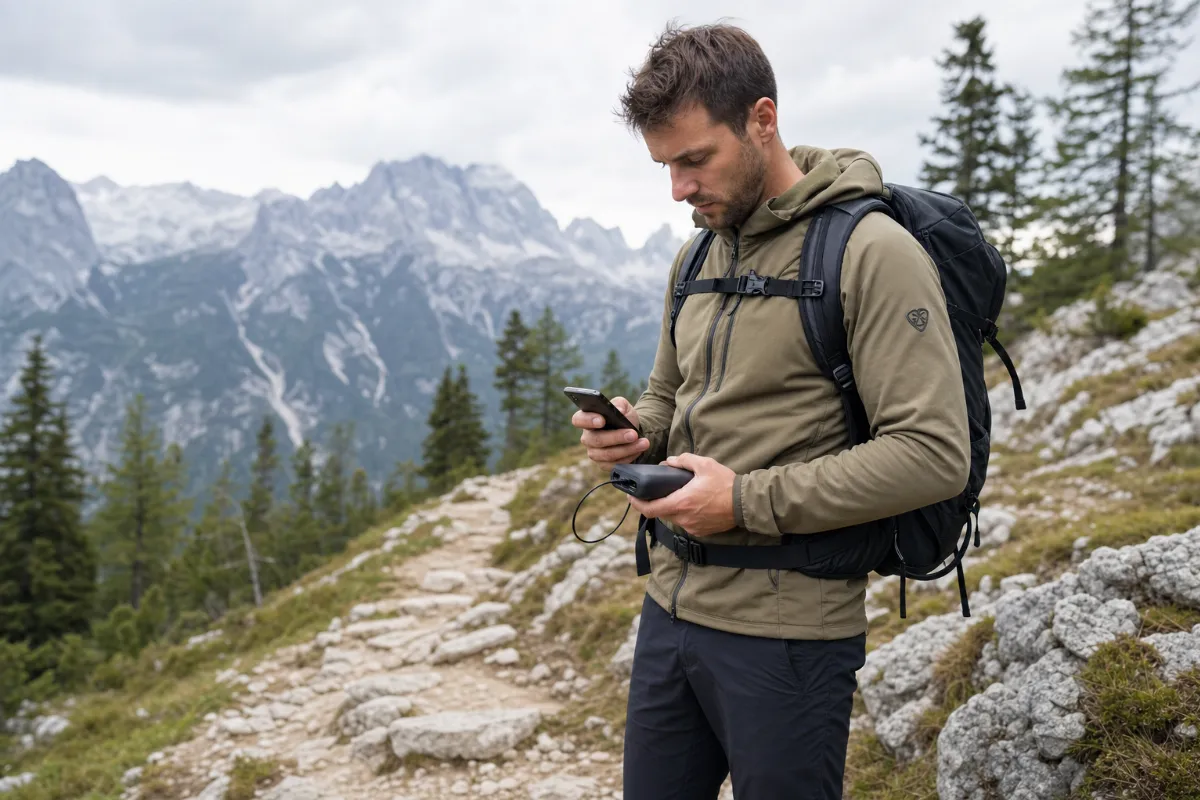 Pohodnik z modernim 30-litrskim nahrbtnikom in obutvijo preverja GPS aplikacijo na telefonu, ki je povezan na prenosno baterijo na gorski poti.