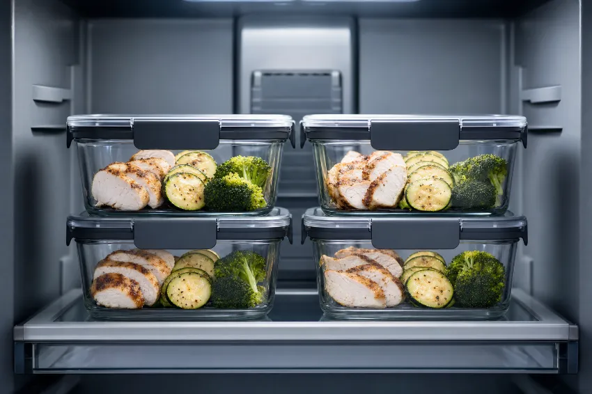 Štiri steklene posode za meal prep z zdravimi obroki, lepo zložene v hladilniku