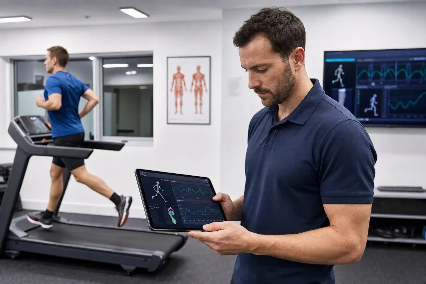 Športni kineziolog v moderni kliniki analizira biomehaniko tekača na tekalni stezi.