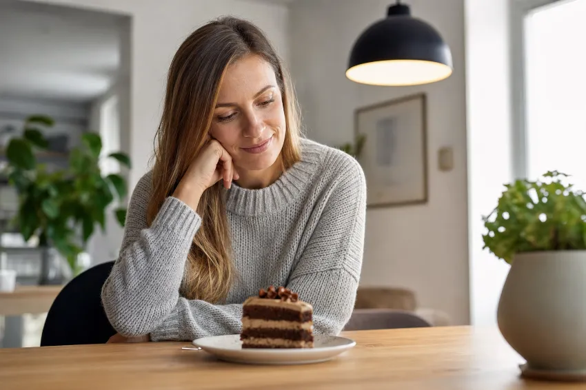 Ženska sproščeno in brez slabe vesti sedi pred kosom torte in prakticira svobodo pri hrani.