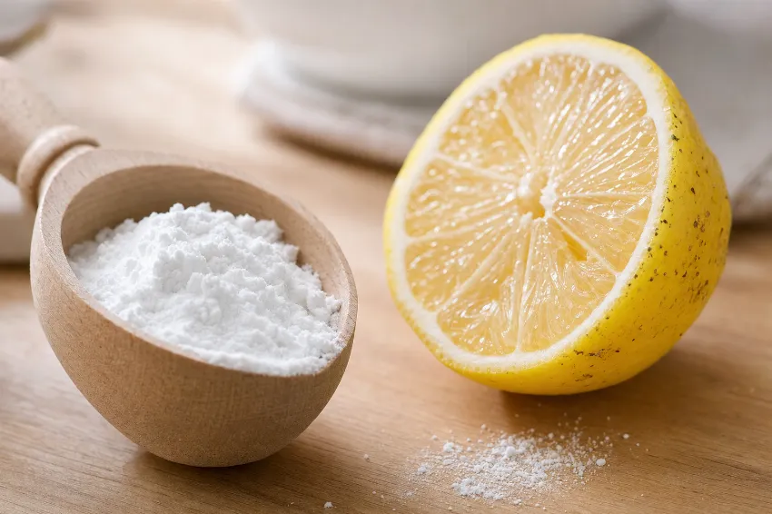 Bližnji posnetek merice s kolagenom v prahu in sveže polovičke limone