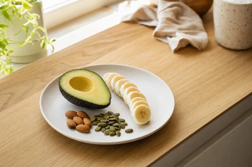 Avokado, banana, mandlji in bučna semena razporejeni na keramičnem krožniku.