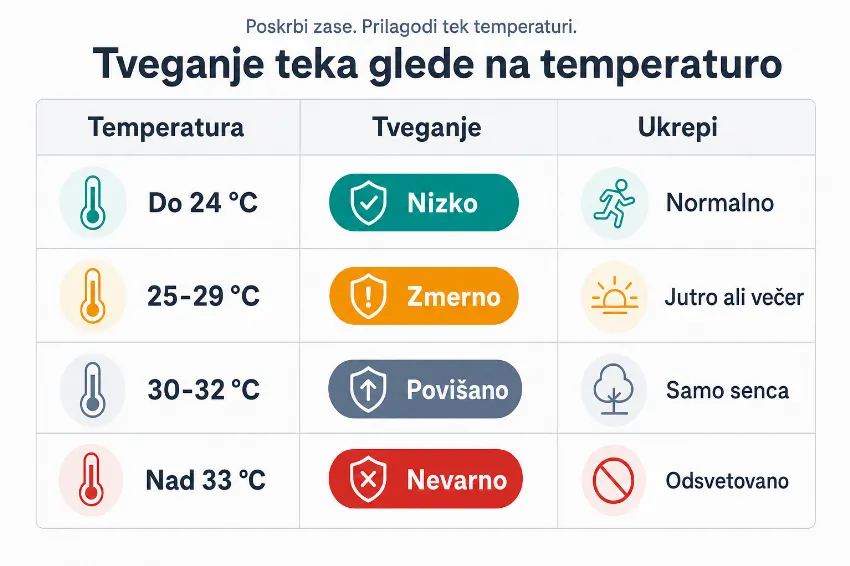 Infografika, ki prikazuje stopnje tveganja za tek pri različnih temperaturah od nizkega do nevarnega.