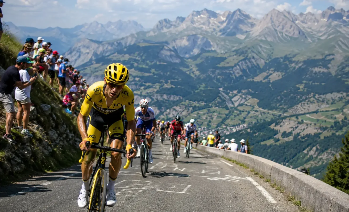 Profesionalni kolesarji med zahtevnim gorskim vzponom na dirki Tour de France