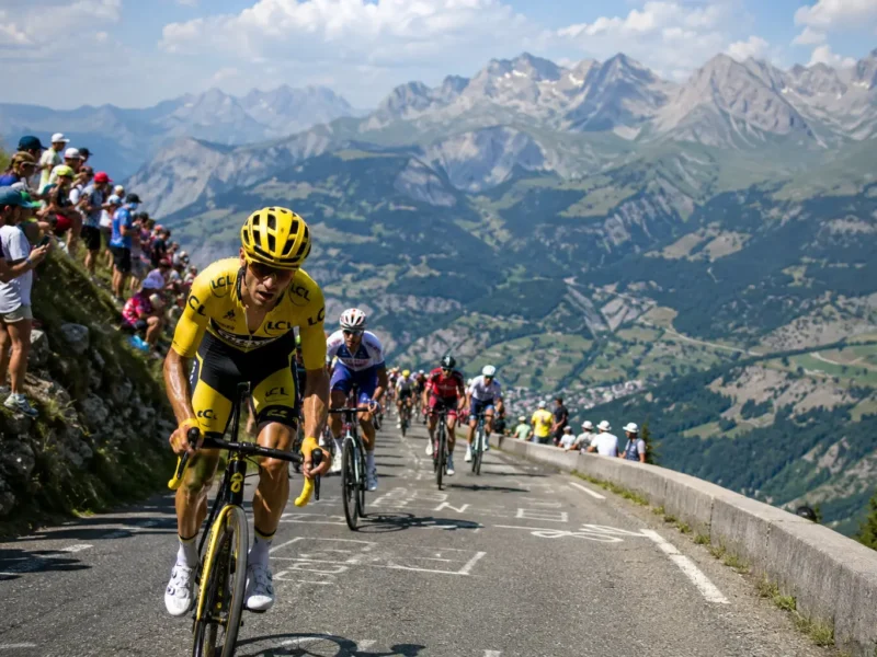 Profesionalni kolesarji med zahtevnim gorskim vzponom na dirki Tour de France
