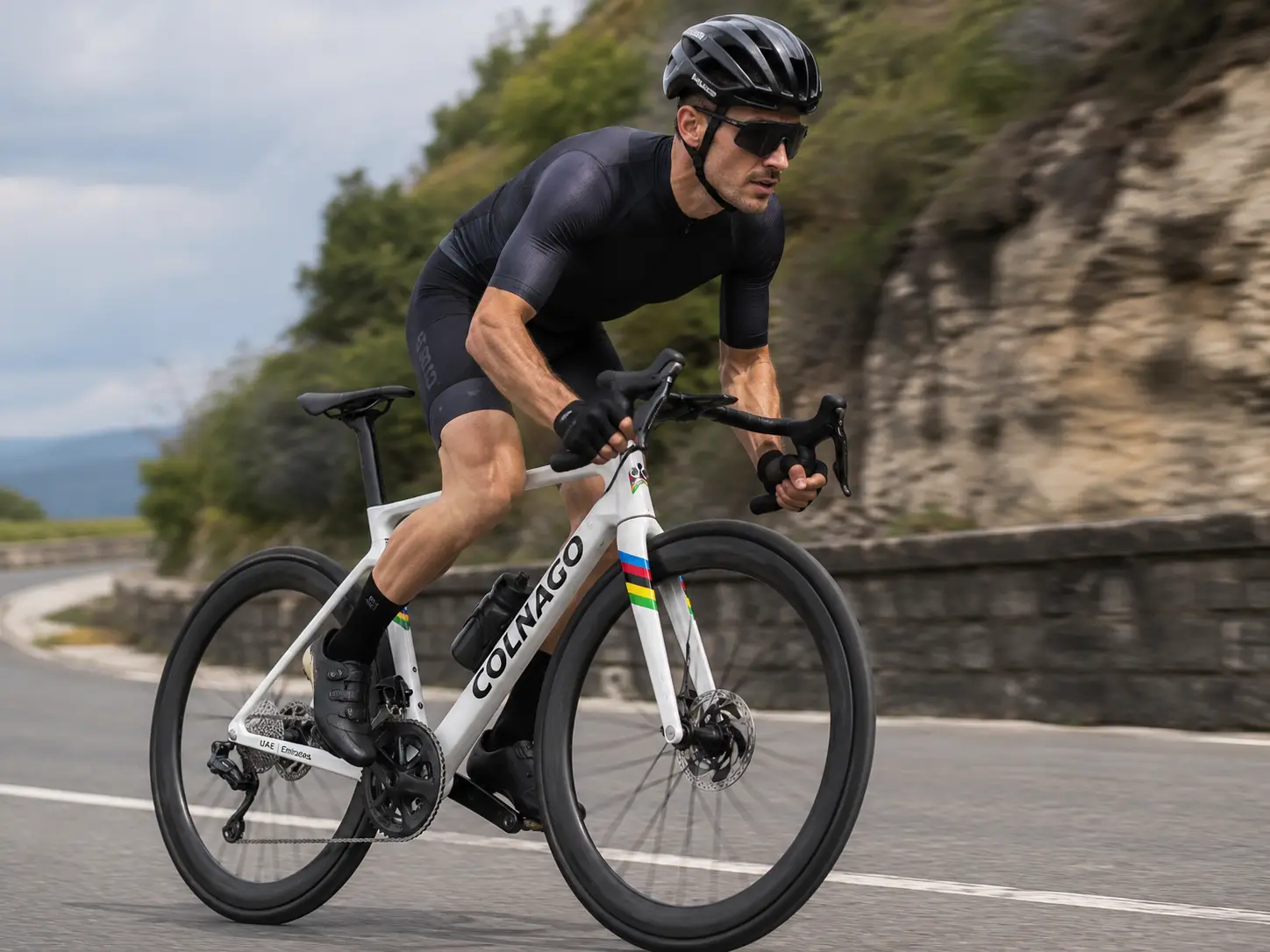 Profesionalni cestni kolesar med vožnjo na vrhunskem belem karbonskem kolesu Colnago z aerodinamičnimi obroči.