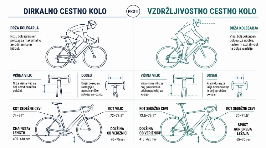 Infografika tekmovalne in vzdržljivostne geometrije cestnega kolesa