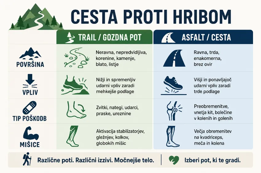 Infografika primerjave cestnega in gorskega teka