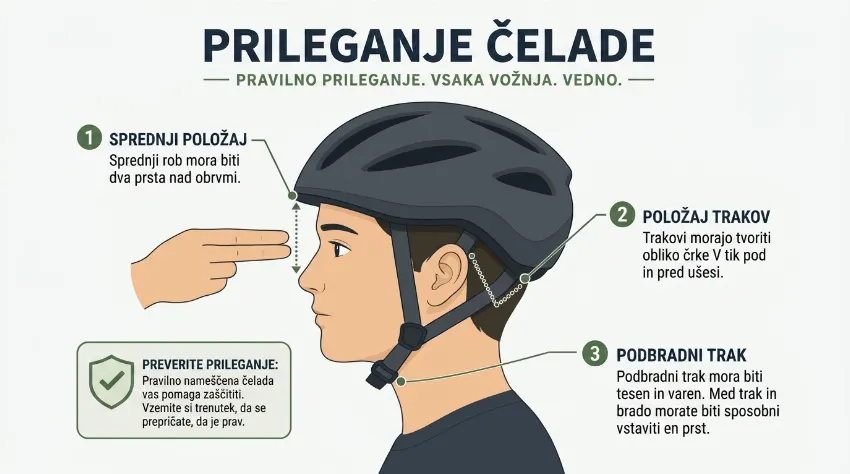 Infografika pravilne namestitve kolesarske čelade