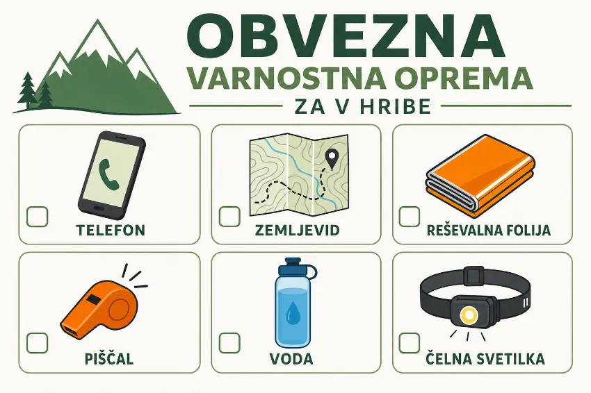 Infografika obvezne varnostne opreme za gorski tek