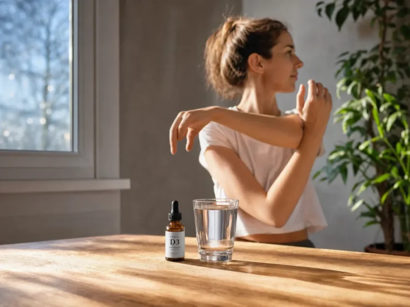 Kapljice vitamina D3 ob oknu v zimski svetlobi