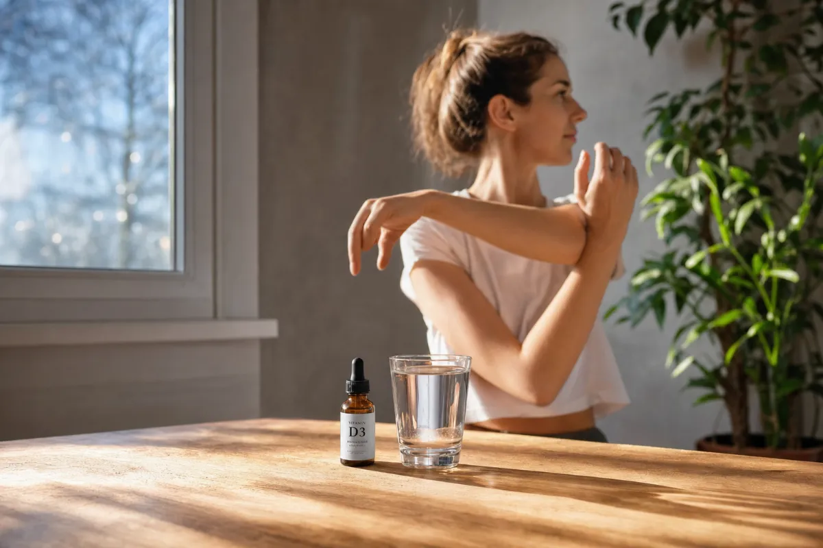 Kapljice vitamina D3 ob oknu v zimski svetlobi
