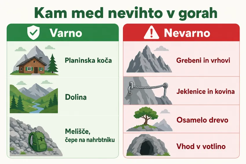 varna in nevarna mesta med nevihto v gorah