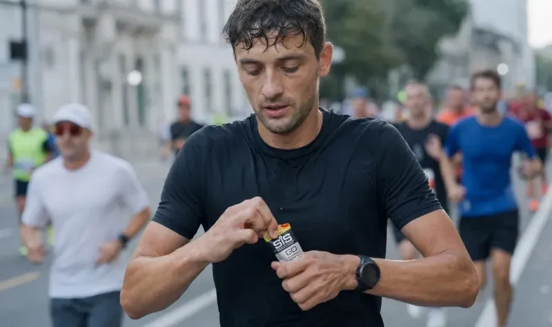 Tekač med maratonom jemlje energijski gel med tekom