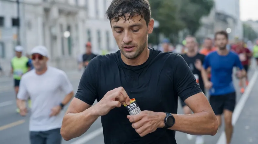 Tekač med maratonom jemlje energijski gel med tekom