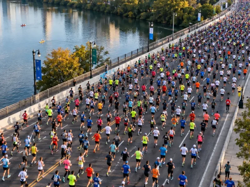 Maraton iz ptičje perspektive z množico tekačev ob reki