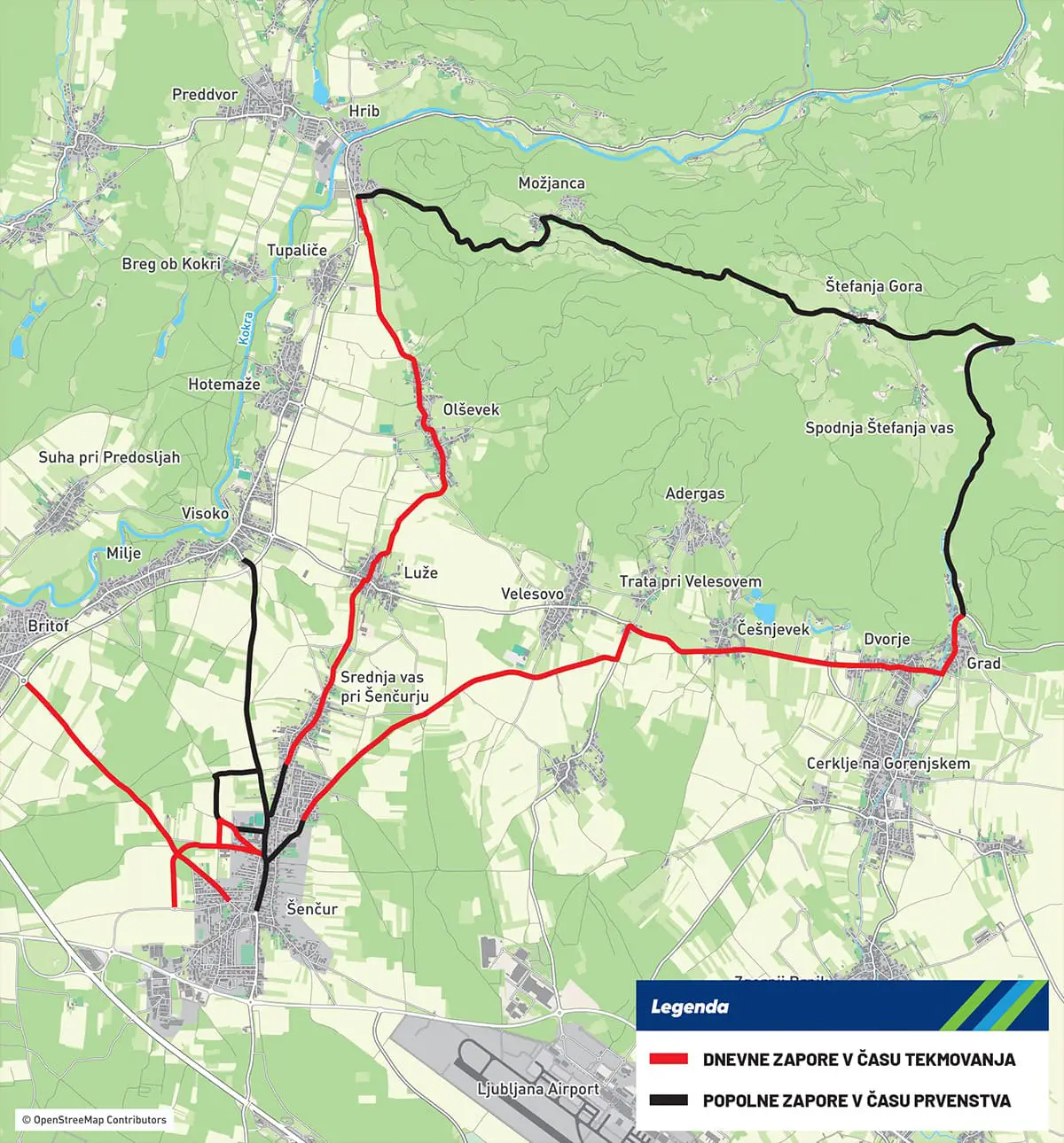 Zemljevid zapor cest med evropskim prvenstvom v kolesarstvu 2026 na območju Šenčurja, Možjance in Cerkelj
