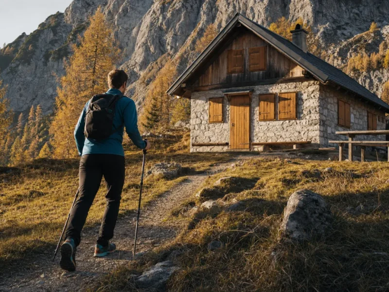Pohodnik se v poznem jesenskem popoldnevu bliža zaprti planinski koči